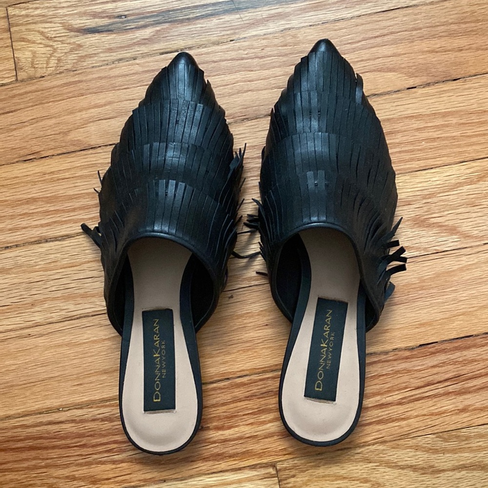 Donna Karan black mules with fringe